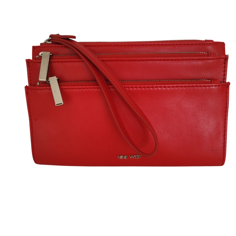 Nine West Red Faux Leather Triple Zip Wristlet Clutch Wallet Organiser Bag